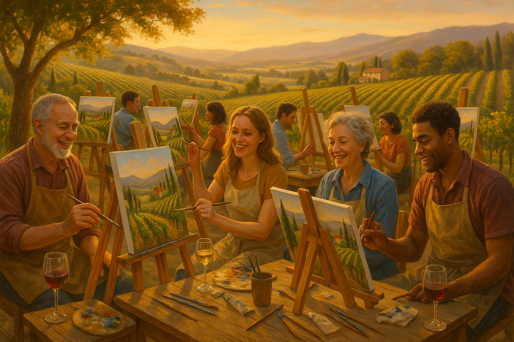 Photo of individuals enjoying a painting class at a vineyard with a glass of wine